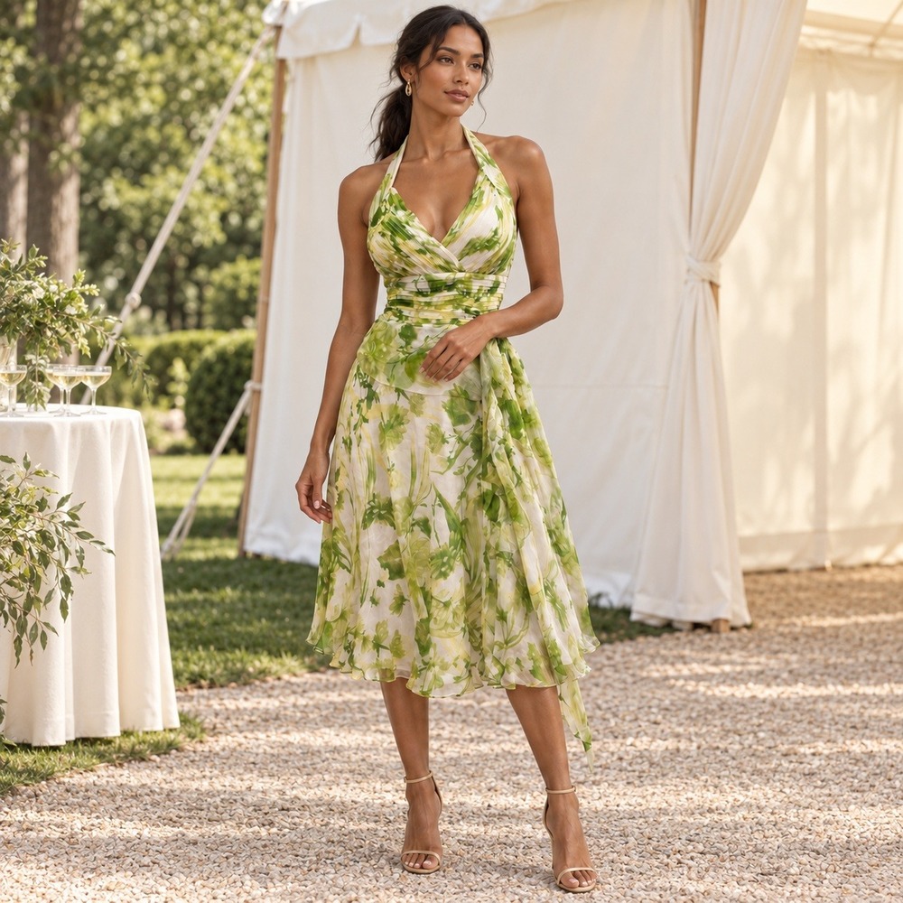 Tadashi Shoji Watercolor Floral Fairy Dress Womens Green White Silk Halter SZ 10